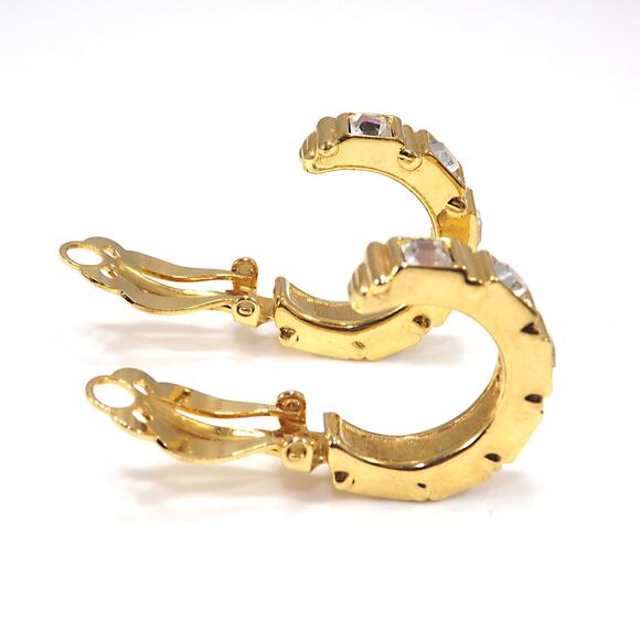 Swarovski Swan Logo Clip Earrings Gold Plated Square Crystal Rhinestone Vintage - Picture 9 of 10